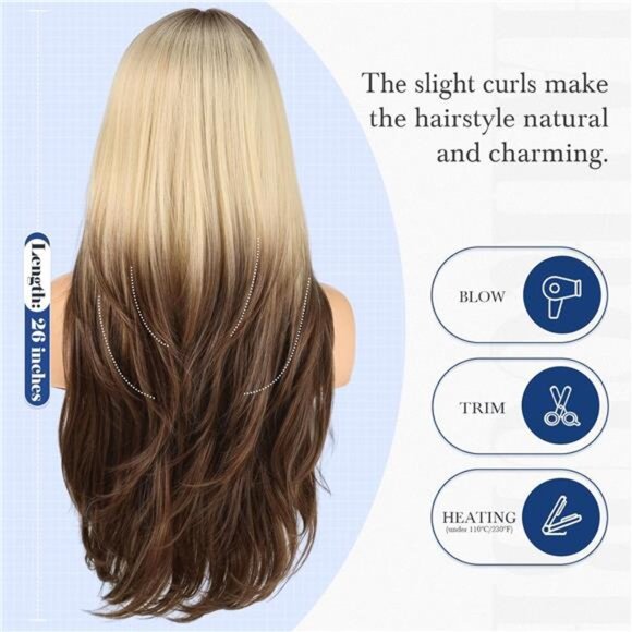 Long Blonde Mixed Chocolate Brown Wig with Bangs Layered Curly Wigs - Picture 5 of 6